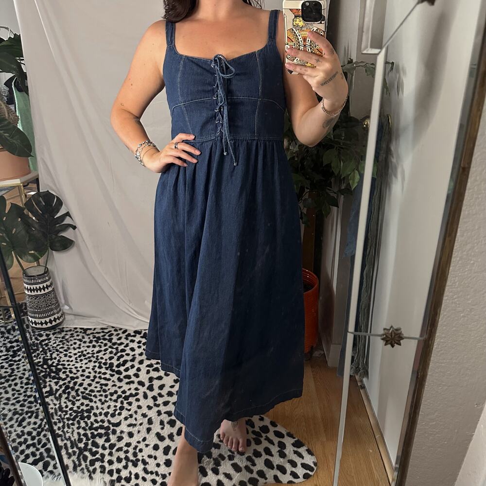 Altar'd State Lace Up Dark Denim Smocked Midi Dress Blue Size Small NWT